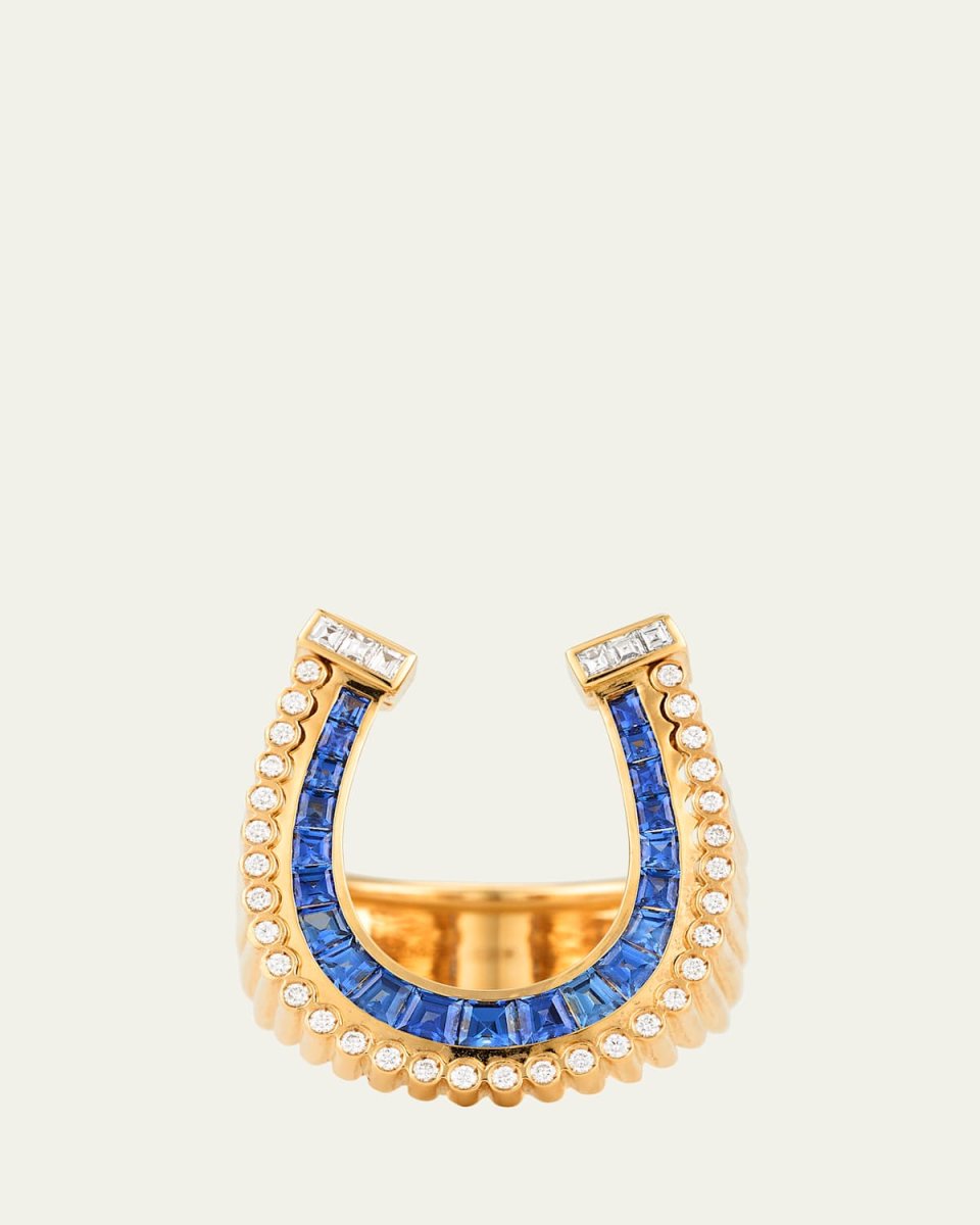 18K Yellow Gold Horseshoe Statement Ring with Diamonds and Sapphires